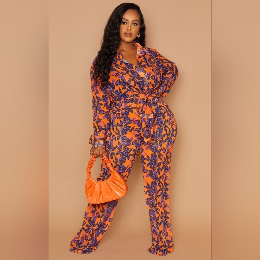 NWT PrettyLittleThing Plus Size Orange Print Beach Flares - Picture 3 of 6
